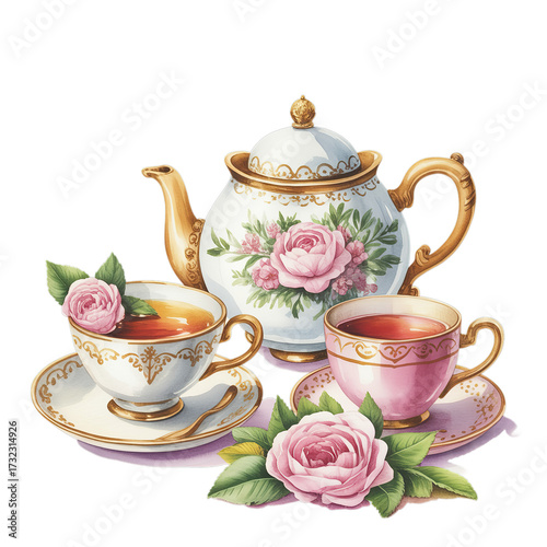 Vintage Tea Time Party Watercolor Clipart isolated on white background