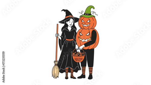 Spooky Companions: A whimsical illustration features a witch and a pumpkin-headed figure sharing a moment during a Halloween celebration, evoking the festive atmosphere and the spirit of the season. 