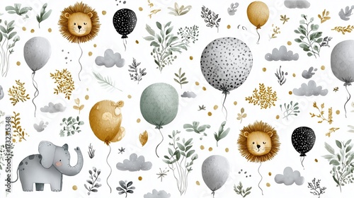 Safari baby animals with balloons and plants pattern
