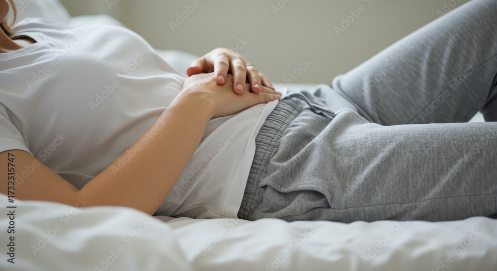 Fototapeta premium Woman lying in bed holding her stomach