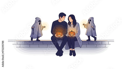 Halloween's Embrace: A couple shares a tender moment amidst Halloween, as two whimsical ghost figures, radiating a unique festive spirit.