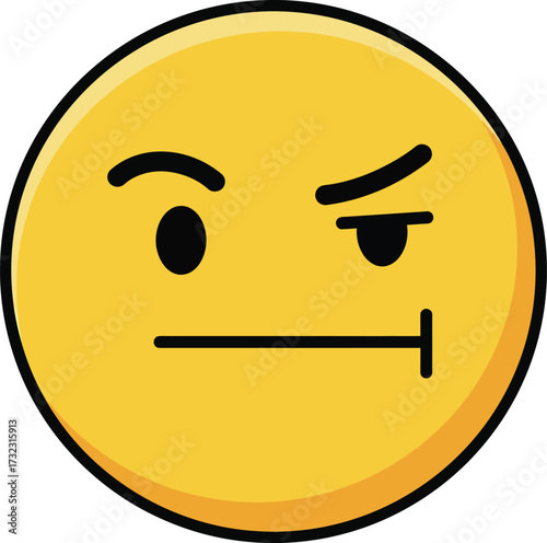 A yellow emoji with a skeptical expression, featuring a raised eyebrow and a straight mouth.