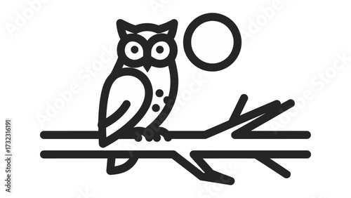 Midnight Owl Icon: A minimalist illustration presents an owl perched on a branch beneath a full moon, evoking mystery and nocturnal beauty.