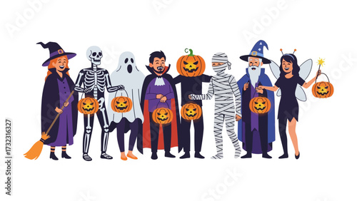 Halloween Costumes: A gathering of various figures in imaginative Halloween costumes, ready to embark on trick-or-treating.