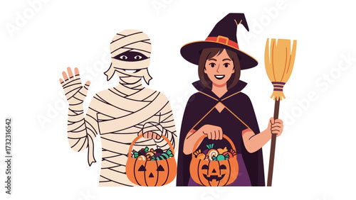 Halloween Duo: A mummy and a witch, both adorned in festive attire and carrying jack-o'-lantern baskets, stand ready for the spooky season, representing Halloween spirit. 