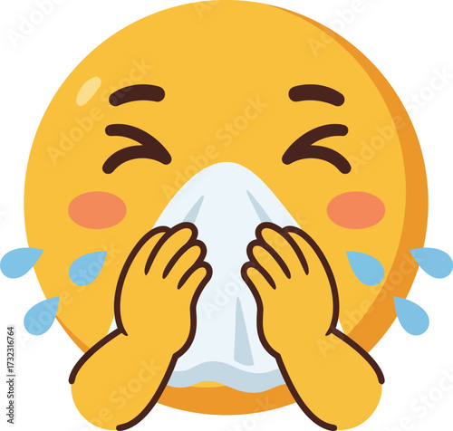 Yellow emoji face with closed eyes, holding a tissue to its nose, and with tears falling.