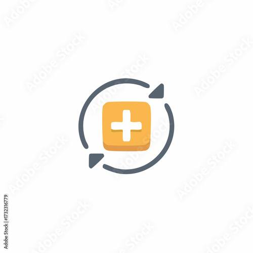 Circular Arrows Refreshing a Yellow Square with a Plus Symbol Illustration