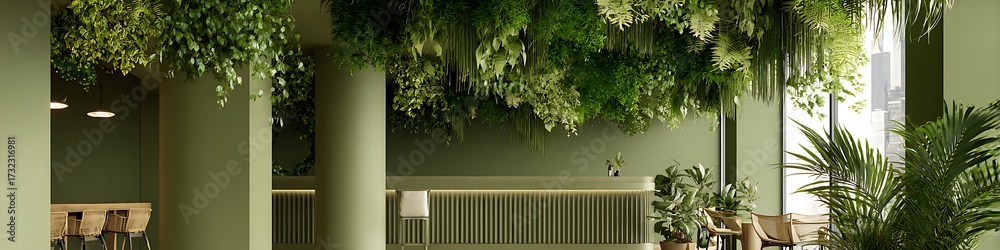 Fototapeta premium Modern wellness space with layered greenery and soft olive color palette