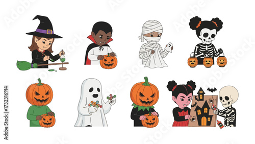 Halloween Characters Array: A whimsical array of diverse Halloween characters, each radiating the eerie charm of the spooky season, with a variety of festive outfits.