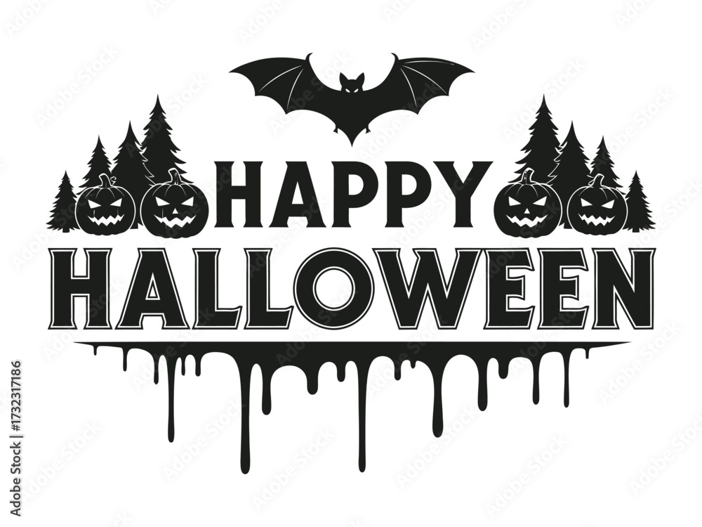 Fototapeta premium Happy Halloween Design: A striking black and white graphic design featuring Happy Halloween in bold, stylized lettering, accentuated by a silhouette of a bat, spooky pumpkins, and evergreen trees.