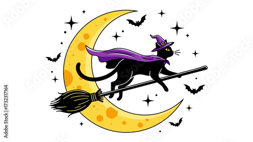 Mystical Midnight Flight: A bewitched black cat, cloaked in a regal cape and wizard's hat, journeys across a twinkling night sky. Its broom sweeps below a radiant crescent moon.