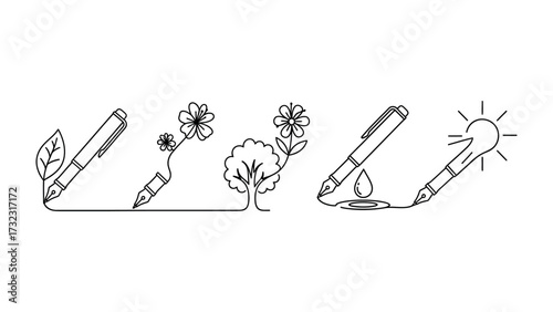 Creative Sketch Illustration: A minimalist illustration where a pen transforms ideas into symbols of growth, innovation, and connection, representing the power of creativity.