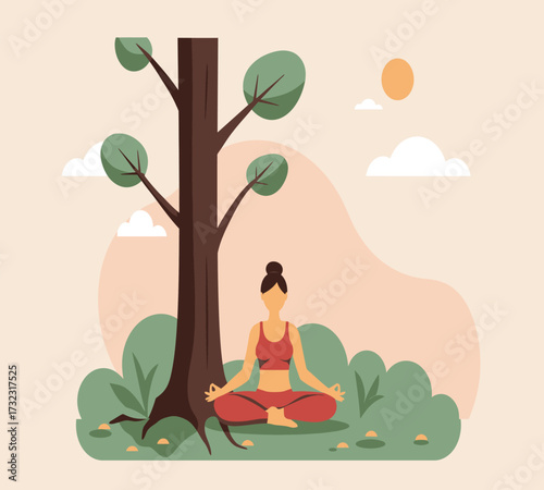 Vector art of a serene woman meditates peacefully beneath a blossoming tree, finding inner peace and tranquility in a natural setting, surrounded by gentle hills and floating clouds, embodying mindful