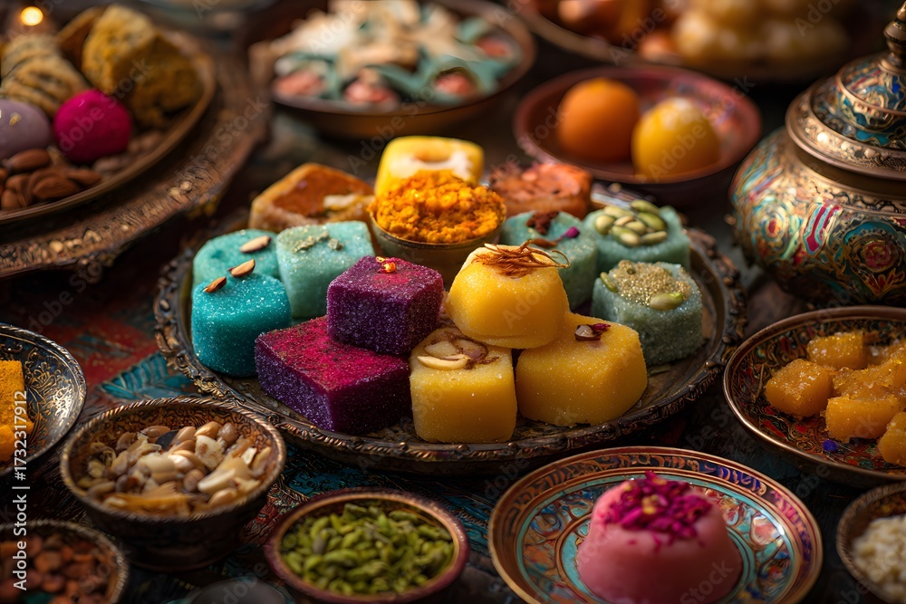 Fototapeta premium Diwali sweets arranged on ornate trays display vibrant colors and delicious textures.