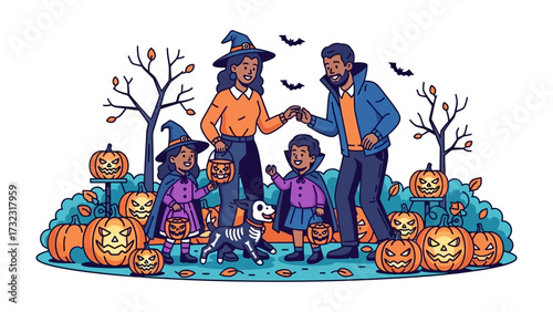 Happy Halloween Gathering: A delightful family in Halloween costumes, surrounded by carved pumpkins and playful bats, creates a festive scene of joyful celebration and spooky fun. 