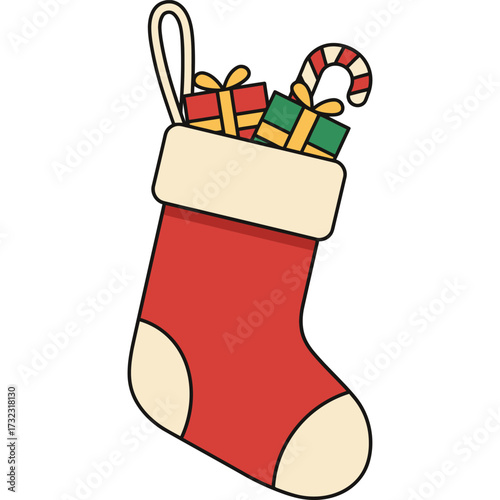 A red christmas stocking filled with gifts and a candy cane hanging with a white loop for decoration silhouette