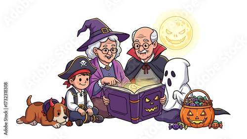 Halloween Story Time: A multigenerational family is immersed in a storybook reading, surrounded by adorable Halloween costumes and a playful, friendly dog.