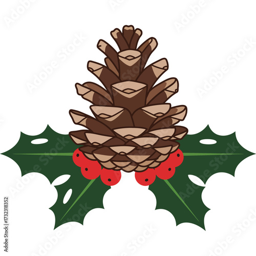 A festive arrangement featuring a pine cone holly leaves and red berries on a white background illustration silhouette