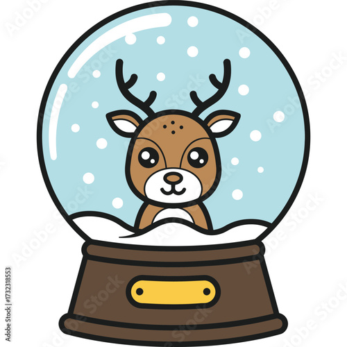 A cartoon reindeer inside a snow globe with a brown base and falling snow against a light blue background silhouette