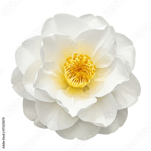 Detailed watercolor camellia blossom with yellow stamens and delicate petals isolated on white background
