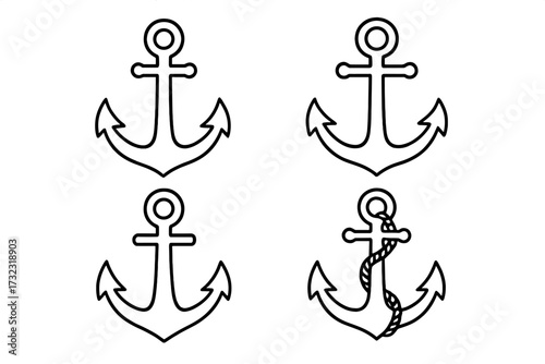 Anchor outline icon set. Nautical marine symbol collection. Vector line art with editable stroke. Ship and boat equipment concept for sailing. Hope and stability metaphor.