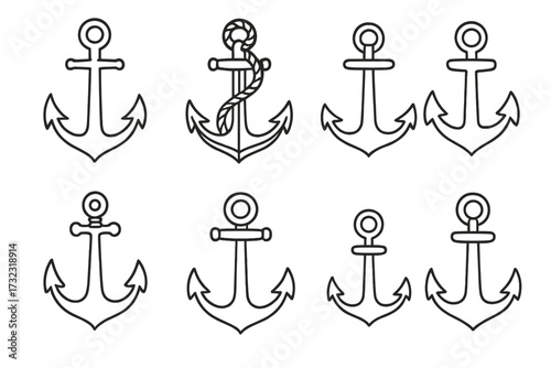 Anchor outline icon set. Nautical marine symbol collection. Sea, ocean, boat, ship equipment. Metaphor for stability, safety, hope. Maritime travel & navy logo element. Line art.