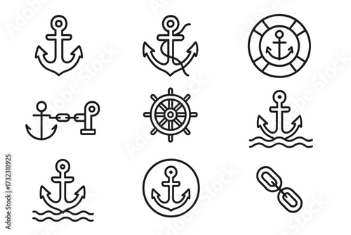 Anchor line icon set collection. Nautical marine symbols with editable stroke. Vector pictograms of ship wheel, lifebuoy, and chain for boat and sea themes. Maritime design elements.