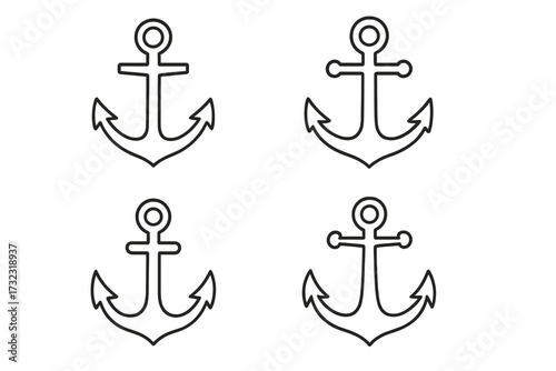 Anchor line icon set. Nautical marine symbol collection. Editable stroke vector illustration. Simple maritime outlines for logo, tattoo, or boat design. Sea and ocean travel concept.