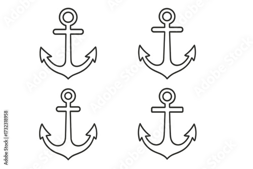 Anchor line icon set. Simple nautical marine symbol collection. Vector graphic for boat, sea, and navy themes. Editable stroke for web design, logo, and print media.