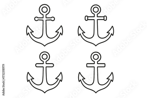 Anchor icon set. Simple nautical outline collection. Marine symbol for stability, hope, and safety. Editable stroke vector for sailors, logos, tattoos, and sea travel themes.