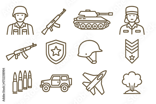 Military line icon collection. Army, war, and soldier concepts. Vector symbols for armed forces, veteran, and combat. Weapon, tank, jet, bomb, gun. Editable stroke design.