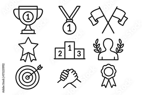 Award competition winner line icon set. Victory trophy, first place medal, success podium, star. Editable stroke vector. Outline symbols for leadership and achievement.