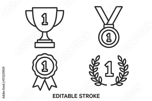 Award icon set for winner and competition. First place trophy, medal, and prize ribbon symbols. Vector line art collection for champions. Success and victory outline icons.