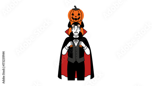 Halloween Vampire Illustration: An illustration of a charming vampire and a grinning pumpkin. evoking festive atmosphere and the enchantment of Halloween.