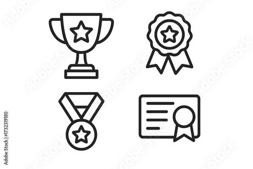 Trophy and awards line icon collection. Winner medal, success certificate, prize ribbon. Concept for competition, victory, first place achievement. Editable stroke vector.