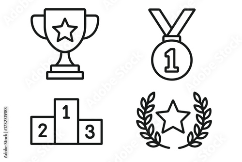Award and victory line icon set. Winner trophy cup, first place medal, champion podium, and laurel wreath. Success, competition, achievement symbols. Editable stroke vector.