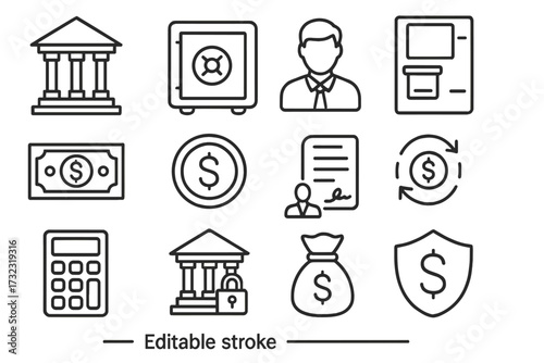 Banking and finance line icon set. Money, savings, investment concepts. Bank building, safe, dollar, atm, contract symbols. Editable stroke vector for business infographics.