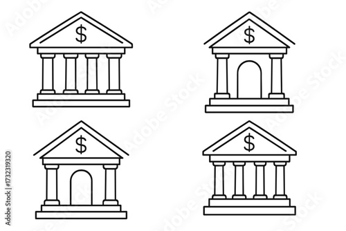 Bank building line icon set. Financial institution outline pictograms. Vector collection of money, finance, and economic symbols with editable stroke. Courthouse or government icons.