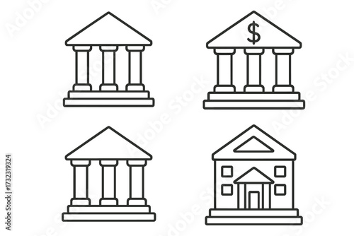 Bank building line icon set. Financial institution, courthouse pictogram collection. Vector money, finance, economy symbol. Simple outline illustration. Editable stroke.