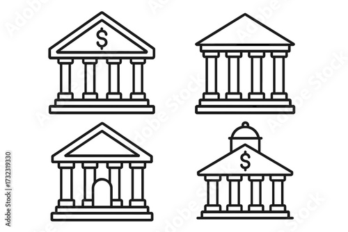 Bank building line icon set. Finance, money, and banking concept. Vector graphic collection of courthouse, university, or government buildings. Financial institution symbol.