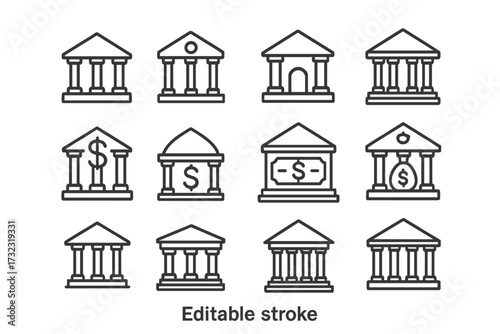 Bank building line icon set. Finance, money, and currency symbols. Financial institution, economy concept. Simple outline pictograms for UI, UX, web. Editable stroke vector.