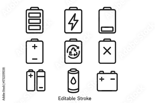 Battery icon set with charge level indicator. Line icons for energy & power. Full, low, empty, charging, recycling & car battery symbols. Vector collection for UI, UX. Editable stroke.