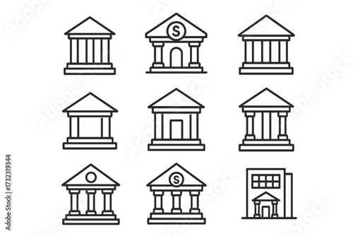 Bank building line icon set. Financial institution, government, and courthouse vector icons. Simple outline pictogram collection for finance, economy, and money concepts.
