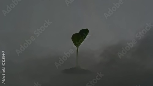 Young plant growing on dark soil against a neutral background