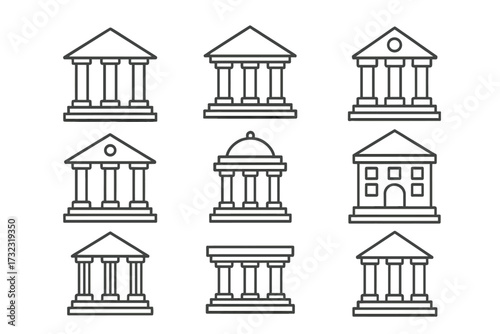 Bank building line icon set. Finance, government, university, courthouse vector symbols. Simple outline collection of institutional architecture signs. Editable stroke pictogram.