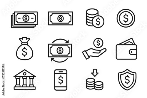 Money & finance line icon set. Banking, payment, currency exchange & savings outline symbols. Vector illustration collection with cash, wallet, coin, bank & mobile payment icons.