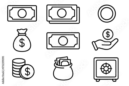 Cash money finance line icon set. Banking and currency outline symbols. Vector collection of banknote, coin, dollar, savings, payment, and safe icons. Editable stroke.