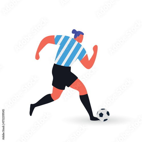Minimal Flat Vector Soccer Player in Blue Striped Jersey Dribbling Ball. Modern minimal design, isolated on white background, perfect for sports graphics, web, posters, and football-themed projects.