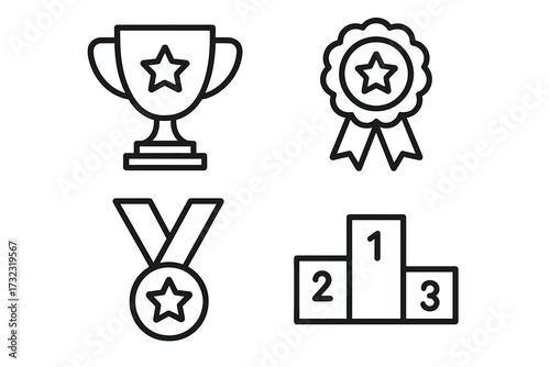 Awards and victory outline icon collection. Includes trophy, medal, winner podium, and prize rosette symbols. First place champion achievement concept for success. Editable stroke vector.