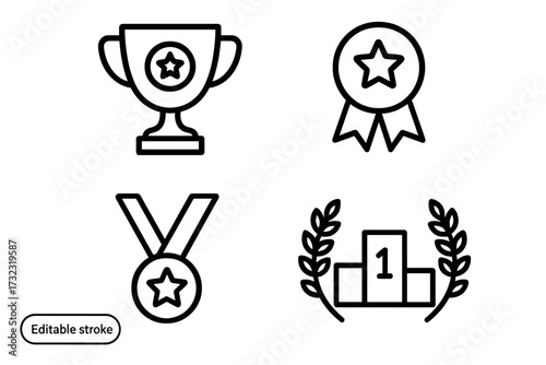 Awards and success line icon set. Winner trophy, champion medal, first place prize, victory podium. Competition achievement symbol. Editable stroke vector illustration.